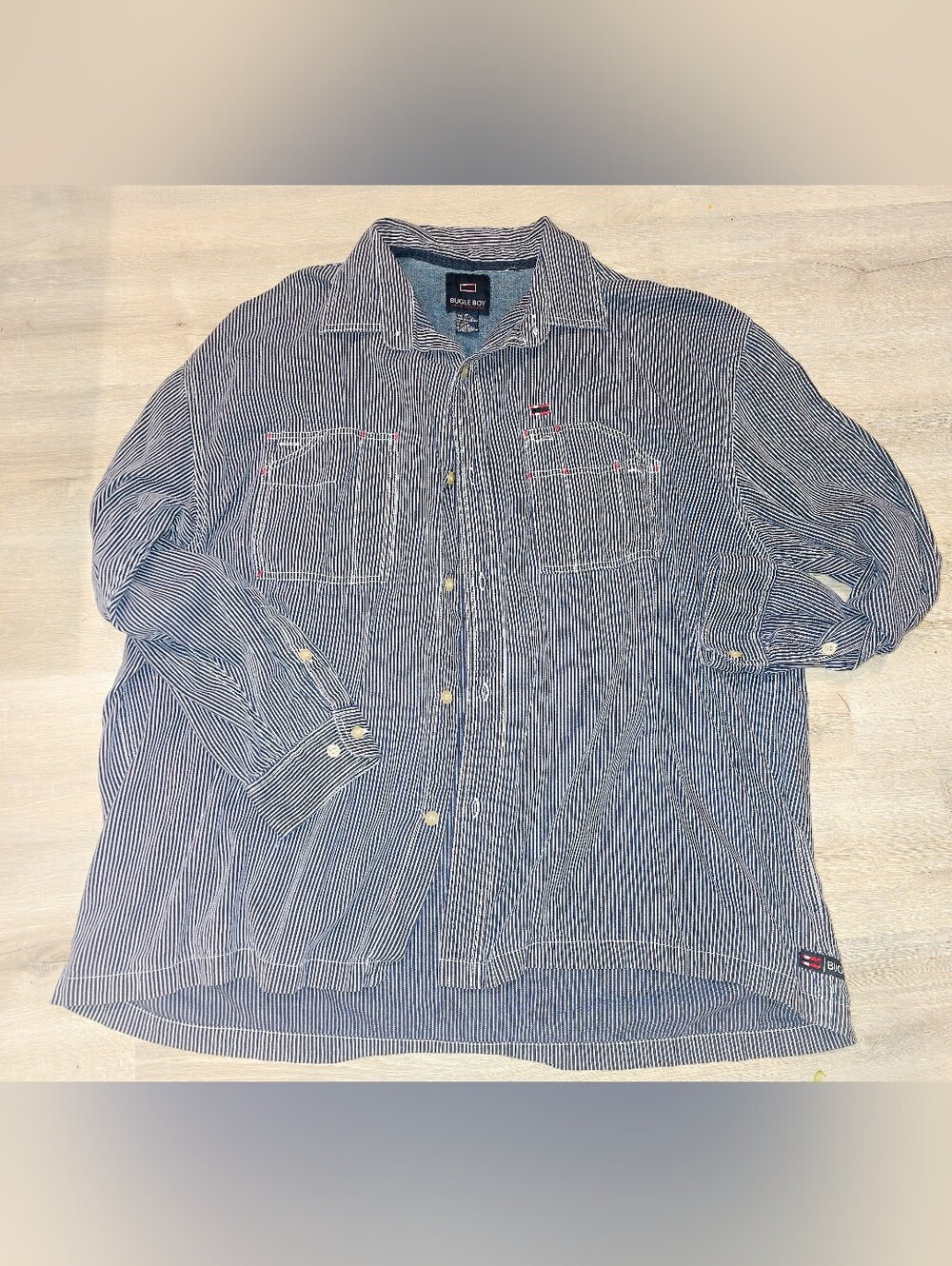 Vintage Bugle Boy Jean Co Hickory Stripe Denim Button Up Shirt Men's 2XL